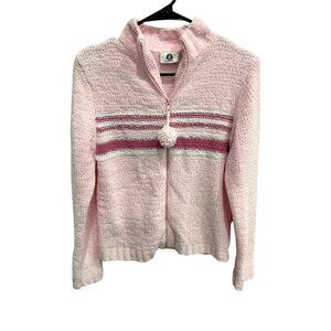 Arizona Jean Co Pink Zip Up Sweater With Striped Design and Pom Accent Sz XL